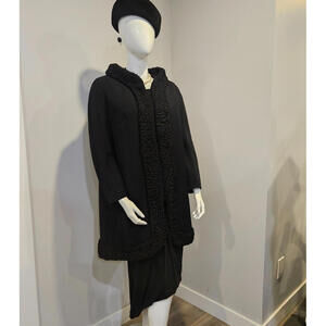 Lou Larry "A Touch of Paris"  Vtg 50's Black Wool Coat w/ Persian Lamb Trim Sz M